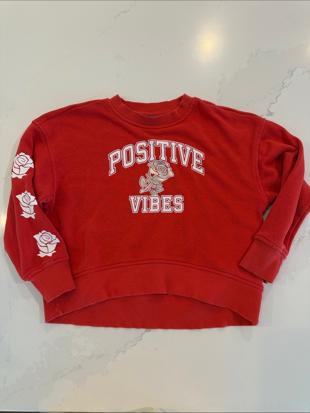 Old Navy Red "Positive Vibes" Kids Sweatshirt with White Rose Graphics